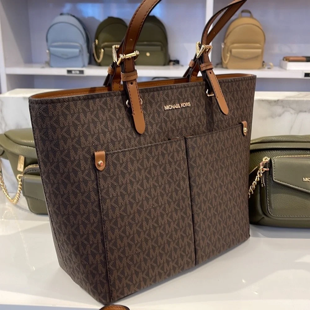 MICHAEL KORS JET SET TRAVEL MEDIUM DOUBLE POCKET TOTE BROWN SIGNATURE NWT